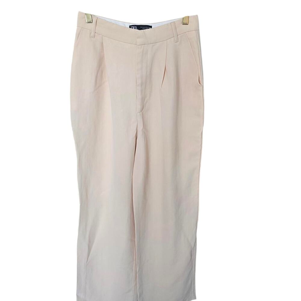 Zara High Waisted Straight Leg Trousers Cream Preppy Workwear Size Small